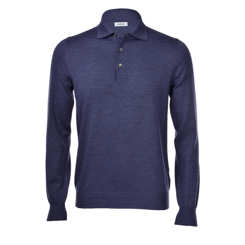 Gran Sasso Polo Lange Mouw Extra Fine Merino Denim Blauw